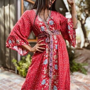 Boho Floral 3/4 Bell Sleeve Gypsy Maxi Dress M